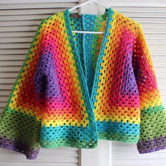 Handmade Sweaters - Rainbow Brite Mandala Granny Stitch Crochet Hexagon Open Cardigan